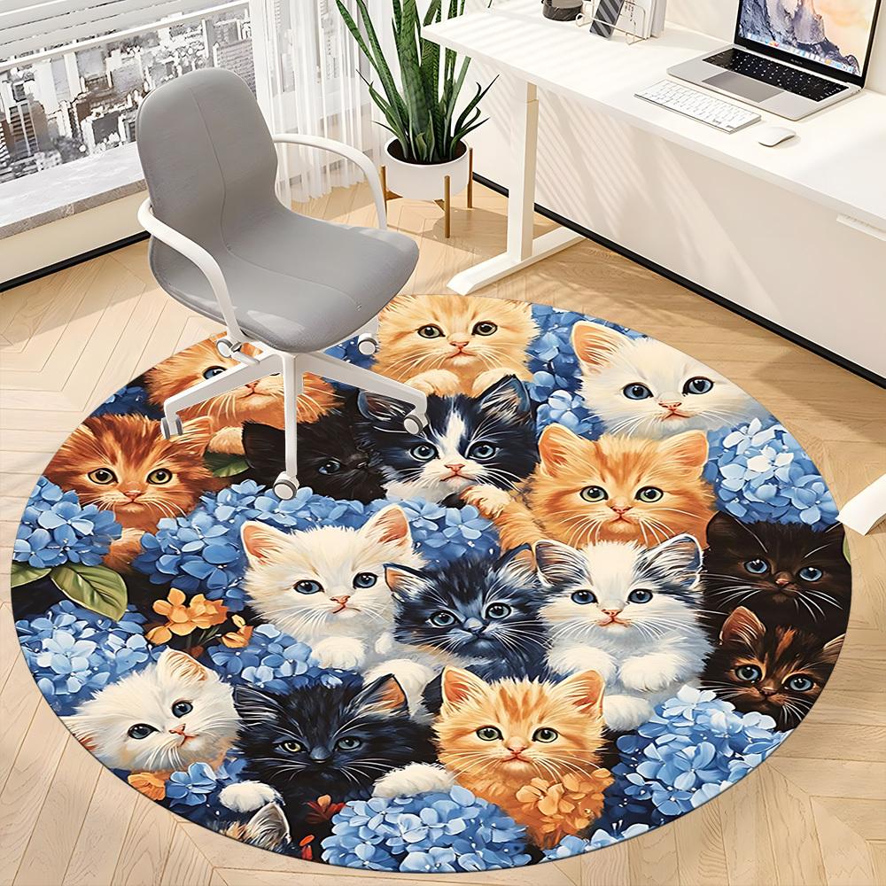 1pc Cat Flowers Office Round Rug, Carpet for Office, Gaming, Lightweight Round Floor Mat yy260208078