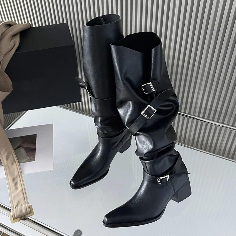 Aneikeh Winter Punk Style Women Knee-High Boots Designer Square Heels Buckle Strap Shoes Ladies Booties