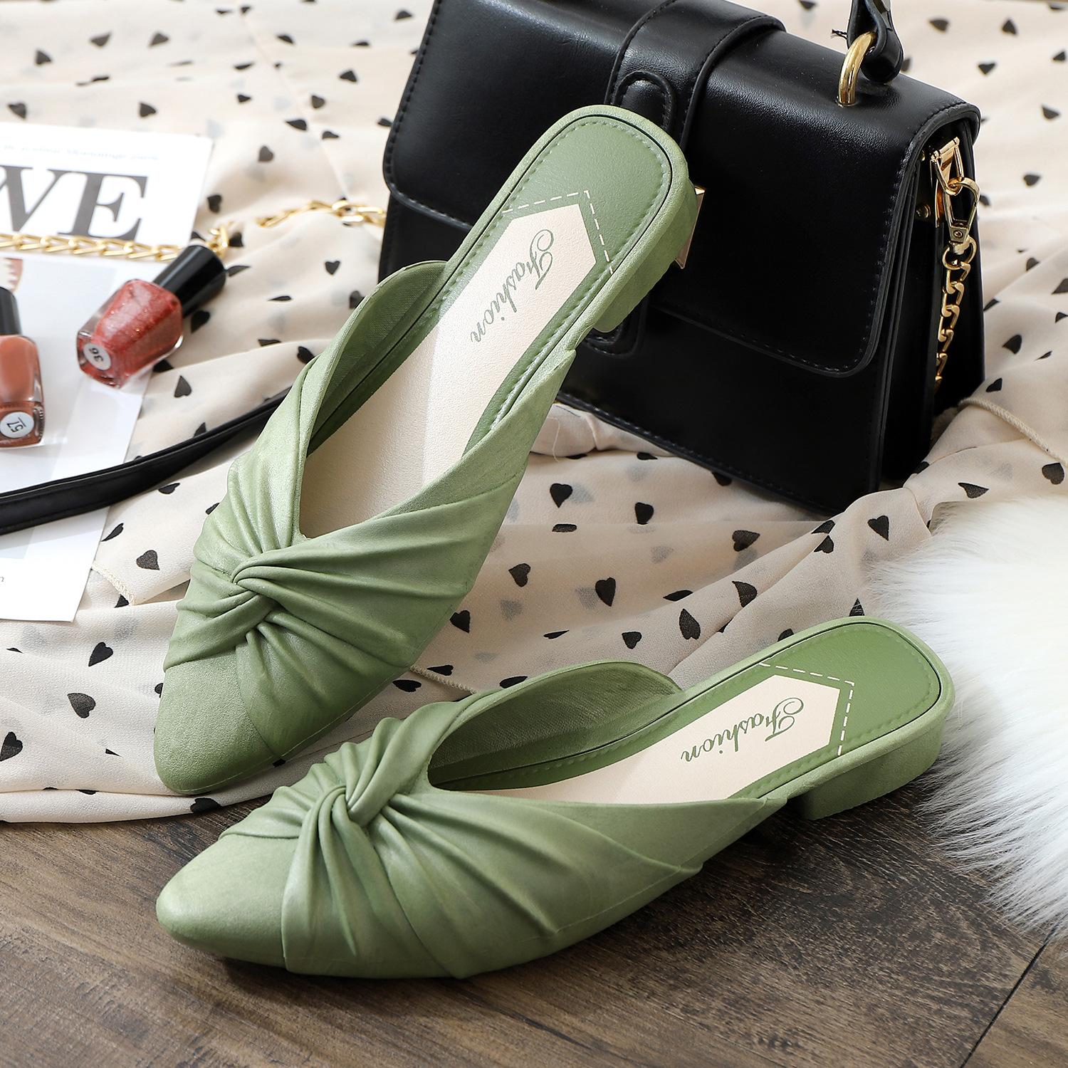 

2025 модные женские тапочки с острым носком корейские однотонные сандалии с одной педалью уличные дышащие тапочки повседневная рабочая обувь 41 зелёный