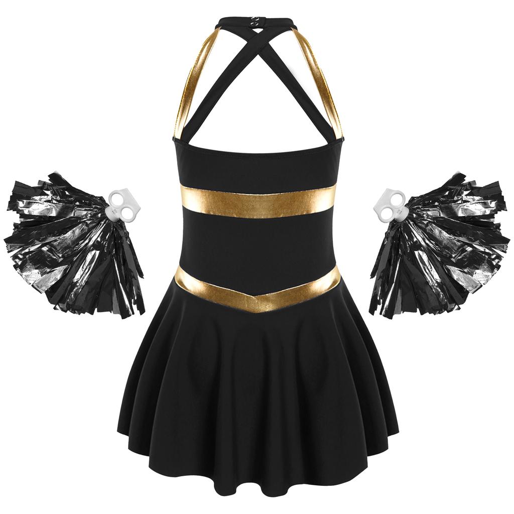 Girls Sleeveless Letters Printed Patchwork Hollow Back Dress Tassel Flower Balls Pair Cheerleading Dance Costume
