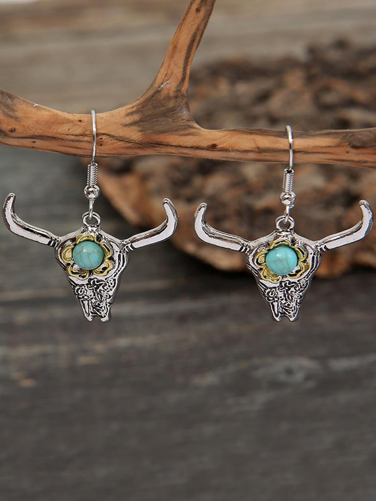 1 Paar Retro Türkis Langhorn Schädel Ohrringe mit Stierblumen-Design Western Cowboy Schmuck Geschenk