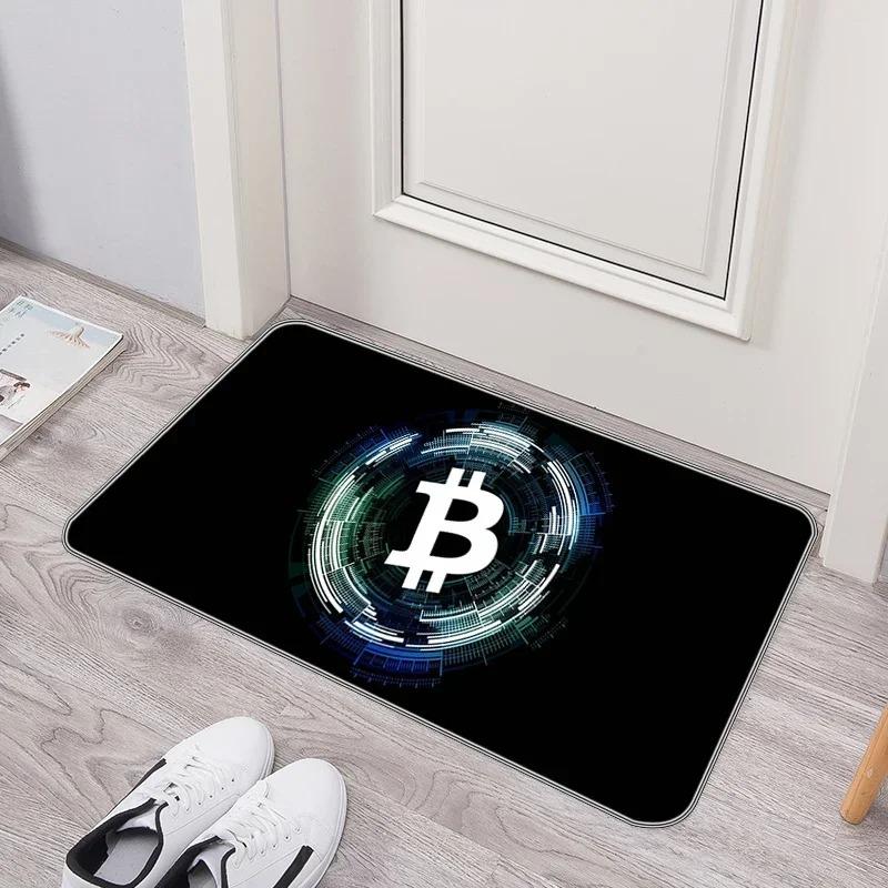 Crypto Currency Door Mat Bitcoin Pattern Tech Inspired Rug, Waterproof Non Slip Floor Protector for Home Entryway and Office