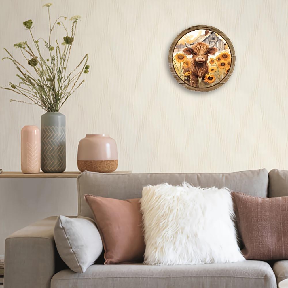 1pc, Sunflower and Highland Cattle Sign, Metal Tin Wreath Sign, Round Sign, Wreath Enhancer (8x8 Inches 20x20CM), Wall Decor