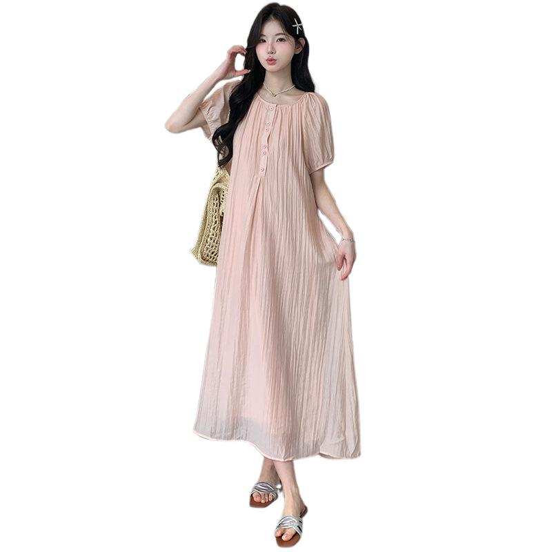 2026 Summer New Maternity Fairy Dress: Simple Round Neck, Loose Fit with Slimming Belt