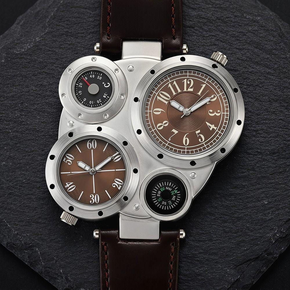 PU Leather Strap Dual Time Zone Watch Leather Strap Quartz Watch Big Face Watches  Male