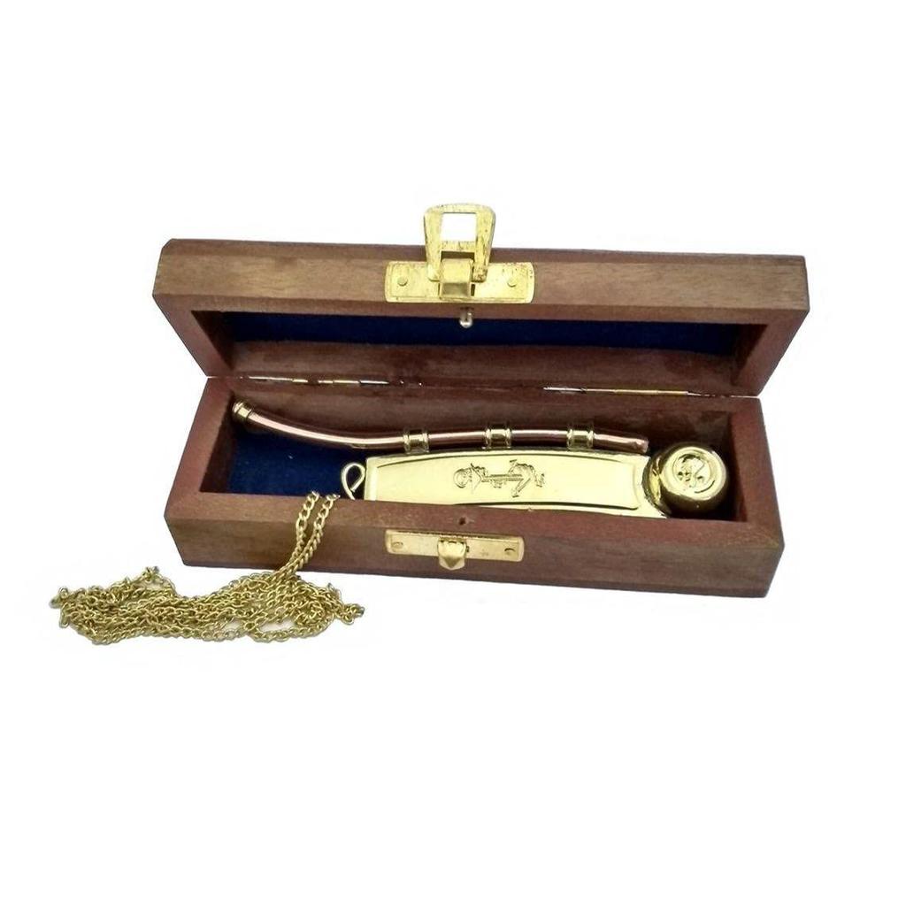 Nautical Maritime Brass/Copper Boatswain Whistle~Bosun Call Pipe~with Wood Box