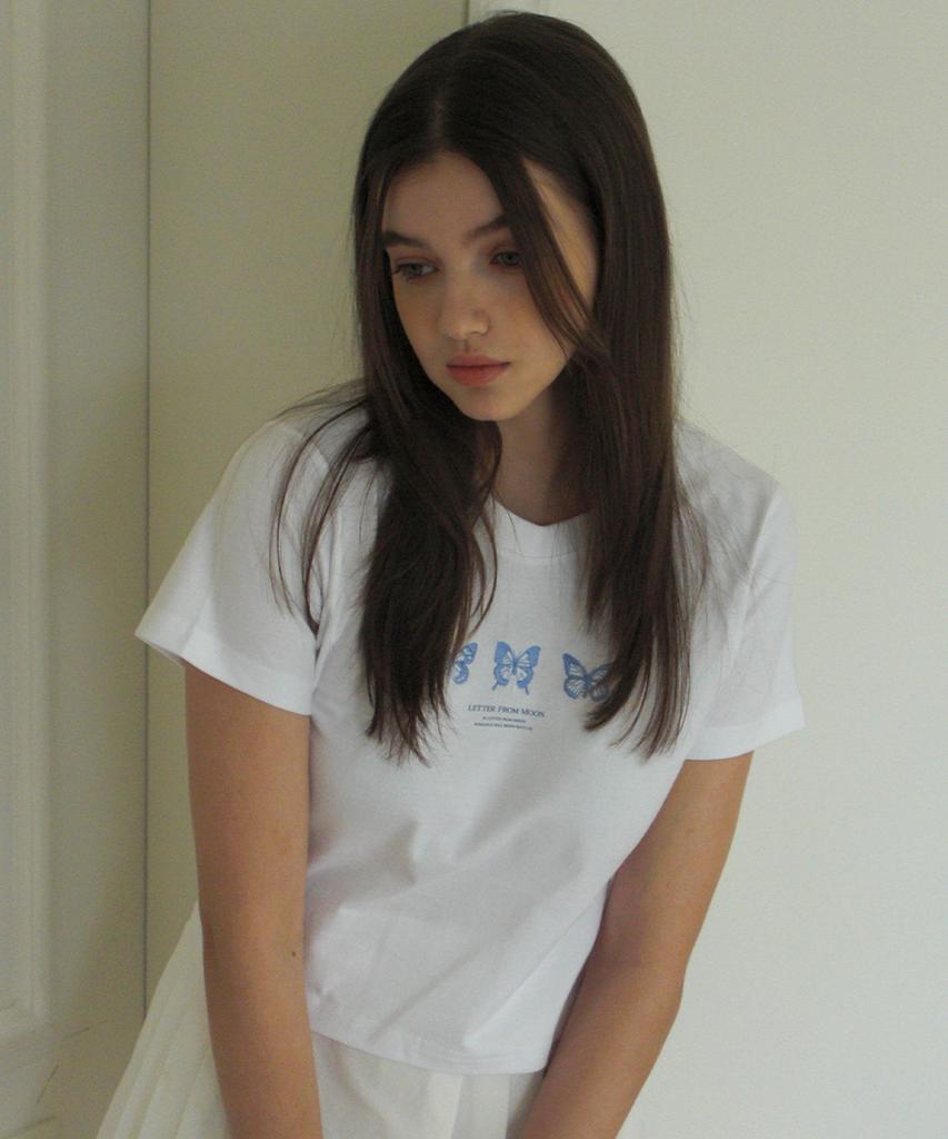 LETTER FROM MOON Triple Butterfly Embroidery Short Sleeve T-Shirt (White & Blue)