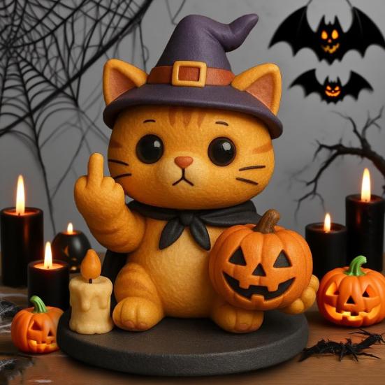 Halloween Cat Figurine Middle Finger Mini Cat Statue Desktop Wizard Hat Cat Ornament for Home Desk Shelf Mantel Party Decoration