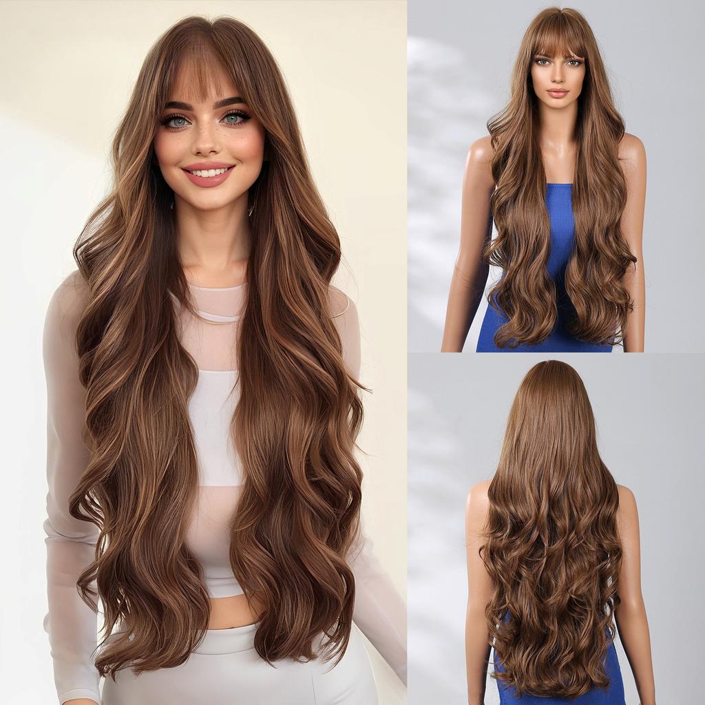 New Women'S Bangs Dark Brown Big Wave Fashion Long Curly Hair Wig Full Hair Wigs
