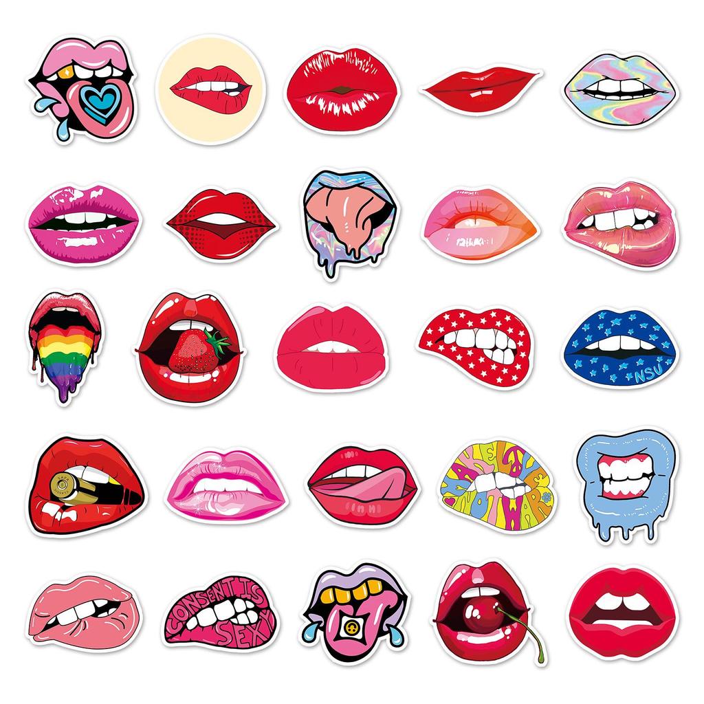 50pcs Sexy Creative Waterproof Lip Stickers for DIY Color Painting, Bicycle, Journal, Luggage Decoration