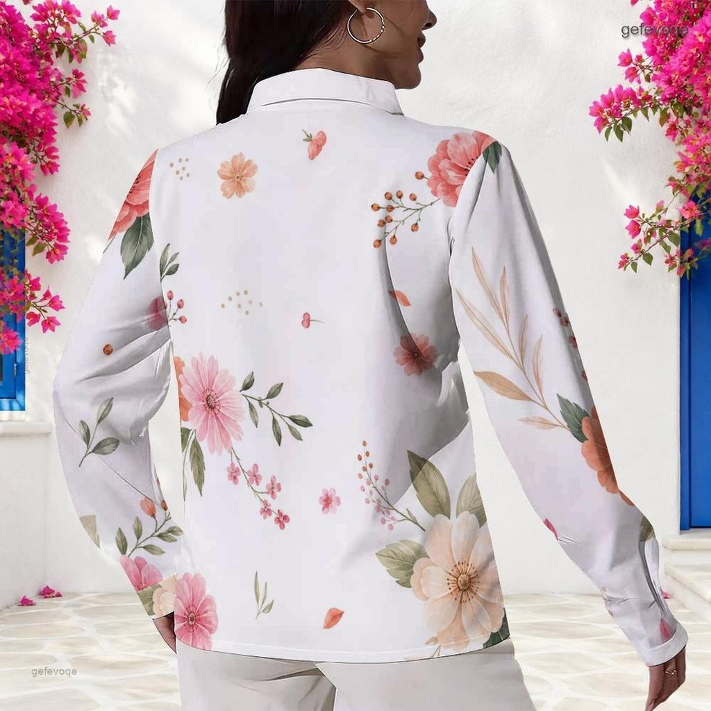 Plus Size Womens Long Sleeve White Collared Button Closure Blouse