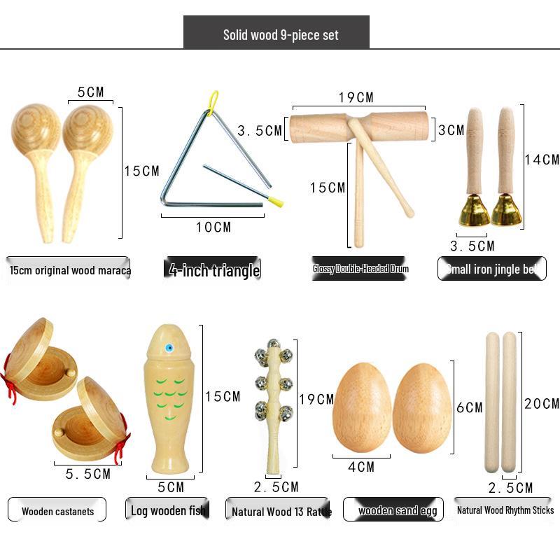 Children's Orff Percussion Instruments: Triangle, Castanets, Maracas, Tambourine, Wood Block, Cymbals