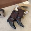 Miting inner heightening medium boots autumn and winter new color matching belt buckle sleeve western cowboy boots women's trouser boots
