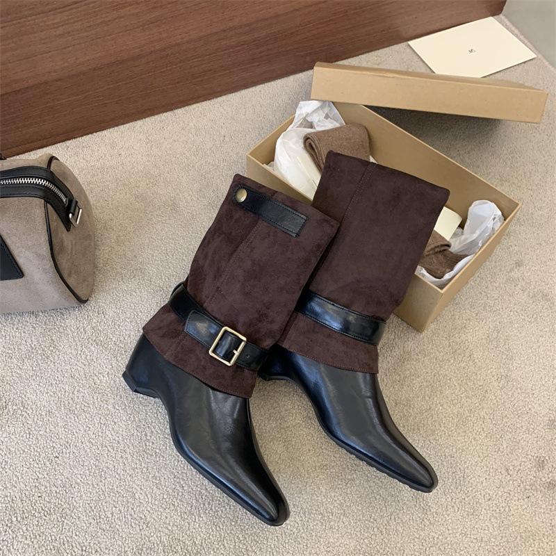 Miting inner heightening medium boots autumn and winter new color matching belt buckle sleeve western cowboy boots women's trouser boots