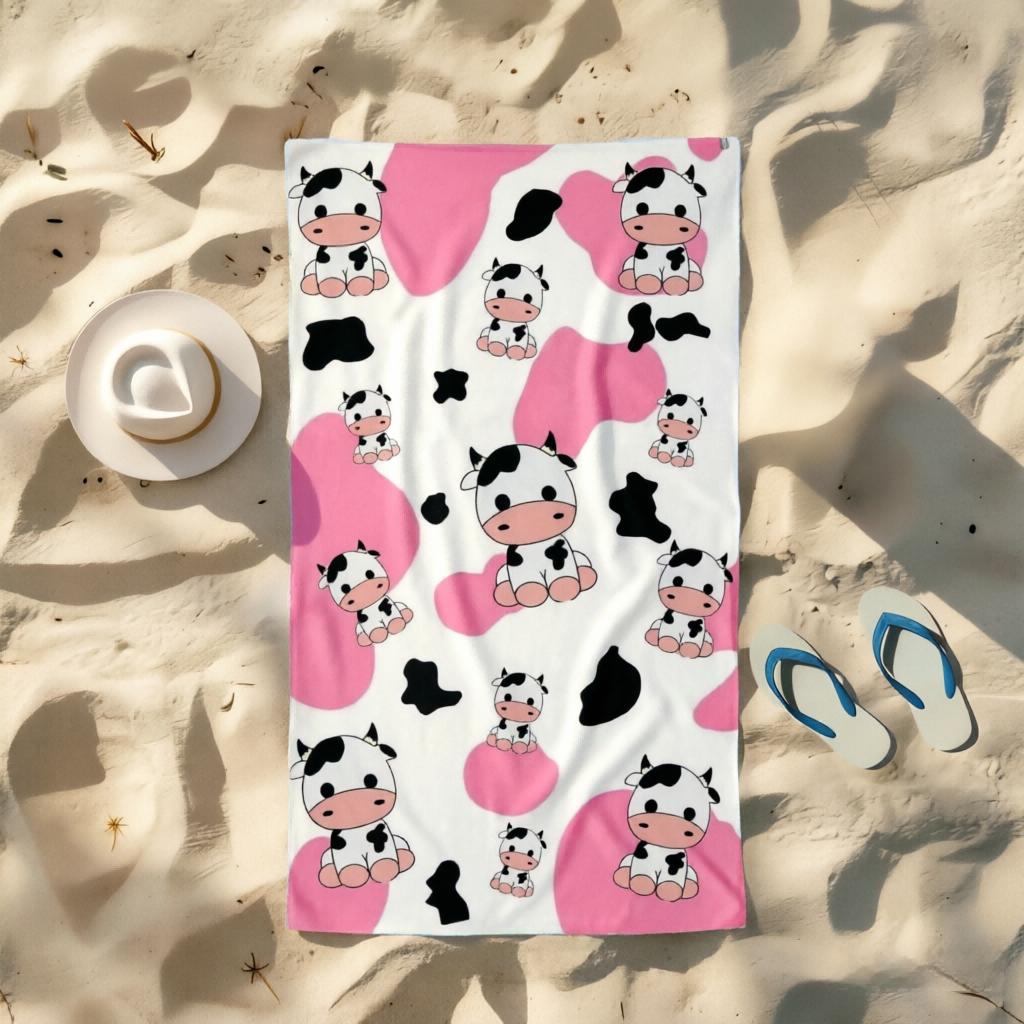1 Pc Pink Cow Cartoon Beach Towel, Lightweight Sand-Resistant, Ideal for Beach Pool Travel, Perfect for Kids & Women