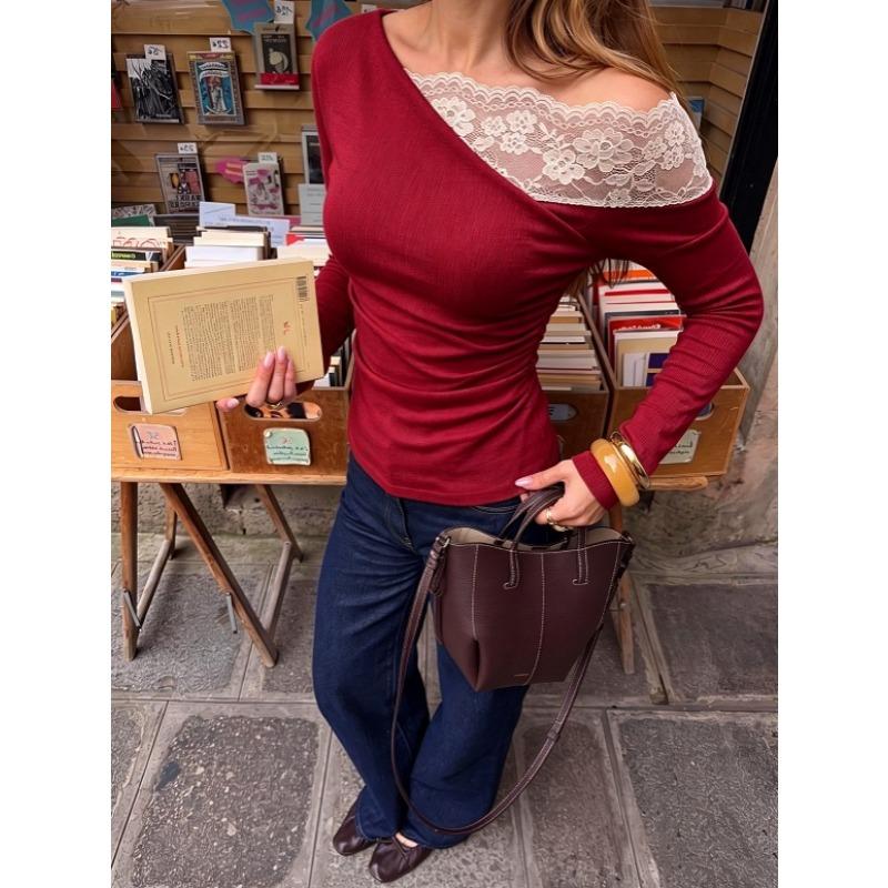 Women S French Lace Off Shoulder Long Sleeve Slim Fit T Shirt