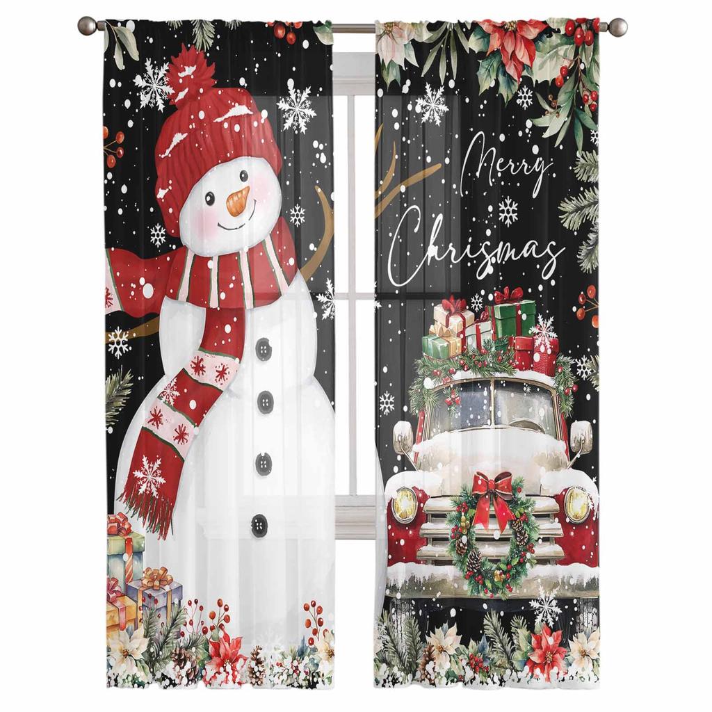 Christmas And Winter Snowman Poinsettia Curtains For Living Room Bedroom Home Decoration Window Voile Tulle Curtain Drapes