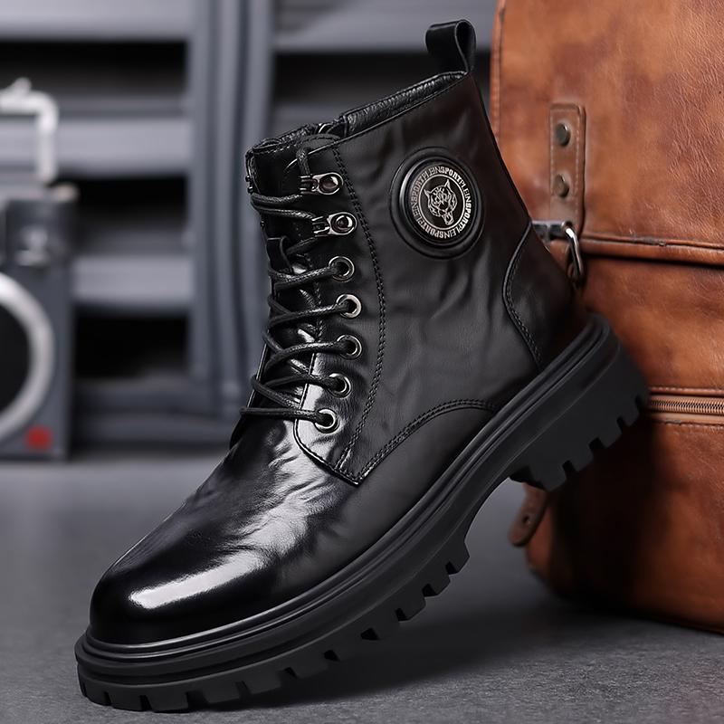 2024 Men Winter Shoes Male Warm Plush Fur Snow Boot Men's Motorcycle Boots High Quality Leather Lace Up Ankle Boots For Men