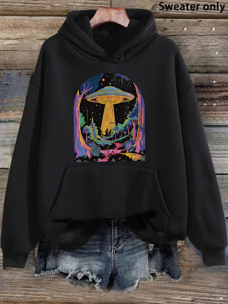Women'S Retro Psychedelic Alien UFO Print Hoodie Casual Long Sve Hooded with Pockets Trippy Festival Streetwear Top Women's Oversi