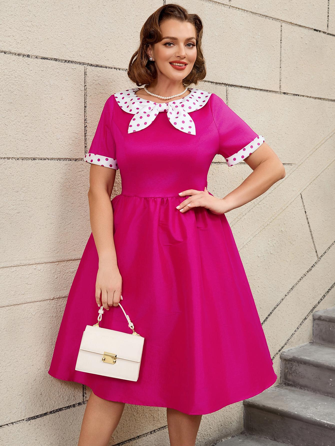 

Платья AOMEI для женщин с круглым вырезом, в горошек, с высокой талией, А-силуэта, миди, повседневные, для вечеринки 0XL ярко-розовый