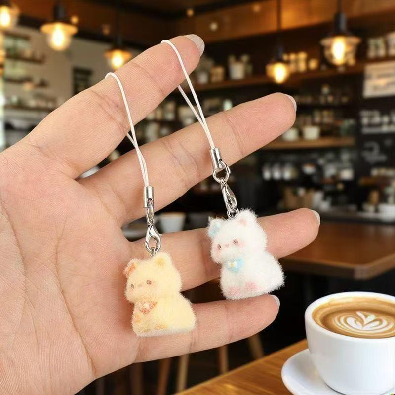 Kawaii Plush Cute Cat Keychain Flocking Animal Pendant Phone Lanyard Hanging Keycord Charm Key Chains DIY Accessories Girl Gifts