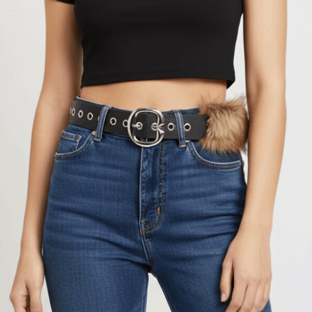 Western Style Leather Fur Belt Metal Buckle Plush Belt Fashion Punk Style Belt  Pants Accessories