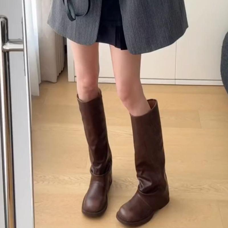 

Thick-soled but knee-length boots women s autumn and winter new retro pleated stacked pants tube boots slim tall knight boots 40