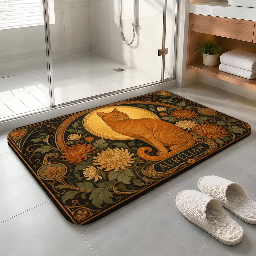Golden Feline Elegance Floor Mat Machine Washable Soft Flannel Area Rug, Non-Slip Absorbent Floor Mat for Living Room Bedroom