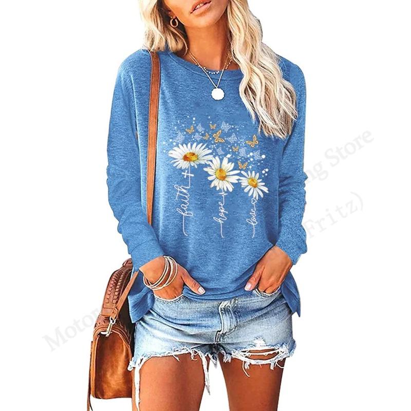 Spring and Autumn Round Neck Small Daisy Flower Pattern 3D Printed Top Fashionable Casual Long Sleeved Women's T-shirts