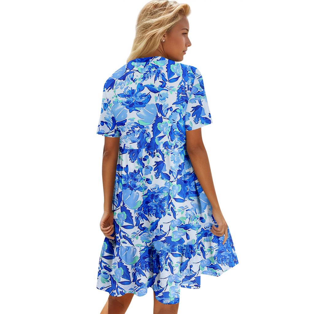 Womens Summer Dress Short Sleeve V Neck Short Dresses Fashion Casual Flowy Boho Ruffle A Line Swing Sundress