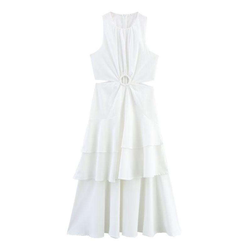 Kaslead New Women clothes Western Style Fashion Laminated Frill Sleeveless Waist-Exposed Dress