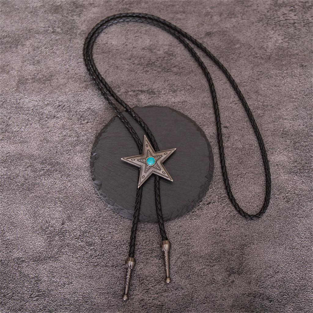 Men's Rodeos Bolo Tie with Metal Star and Turquoises Leather Cord Necktie Adjustable Chain Necklace for Western Fashion