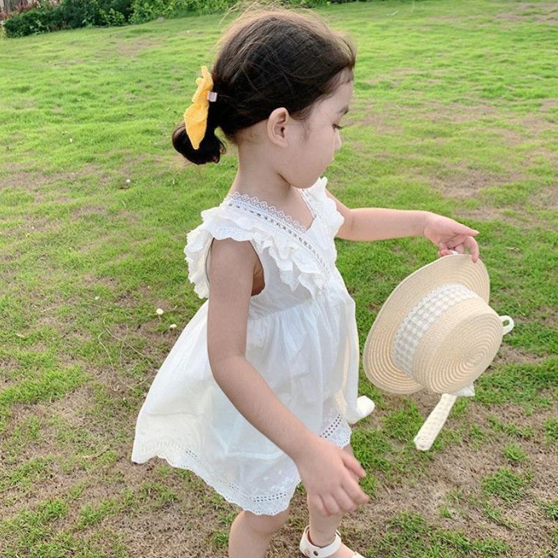 Barn Jenter Hvit bomull Tynn Kjole Sommer Blonder Prinsesse V-hals Kjoler Barn Baby Bryllupsfest Vestidos