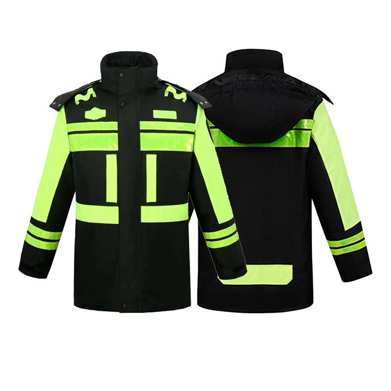 Reflective cotton-padded clothes on duty, cotton-padded raincoat set, winter outdoor traffic rescue, windproof and waterproof cotton-padded raincoat