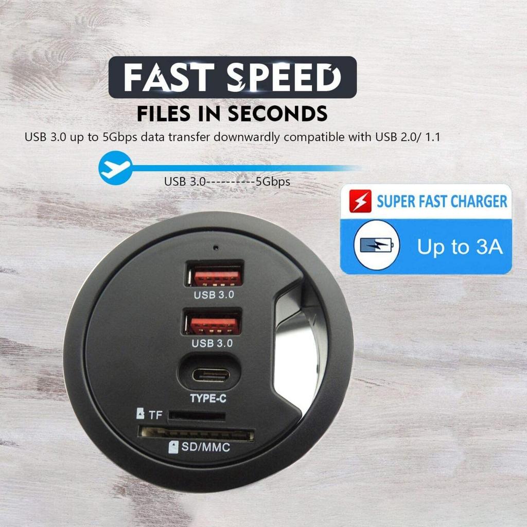 Tischtauglicher USB 3.0-Hub mit Tülle (Durchmesser 2,36" oder 60MM) 2 Port Typ-A und 1 Port Typ-C mit SD/TF-Kartenleser zum Laden und zur Datenübertragung