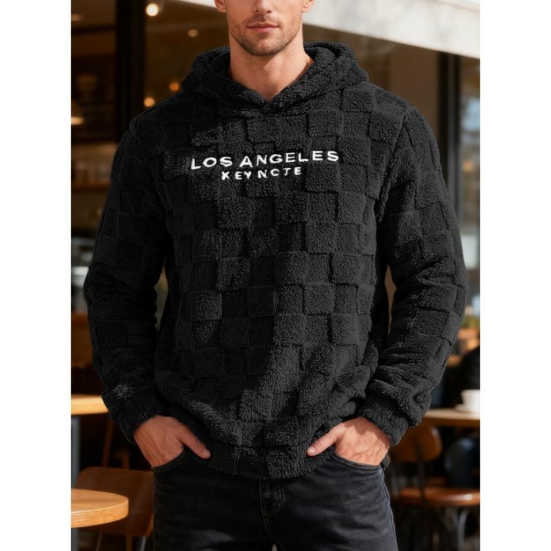 Men s Black Plush Fleece Hoodie Los Angeles Letter Print Long Sleeve Casual Pullover S чёрный