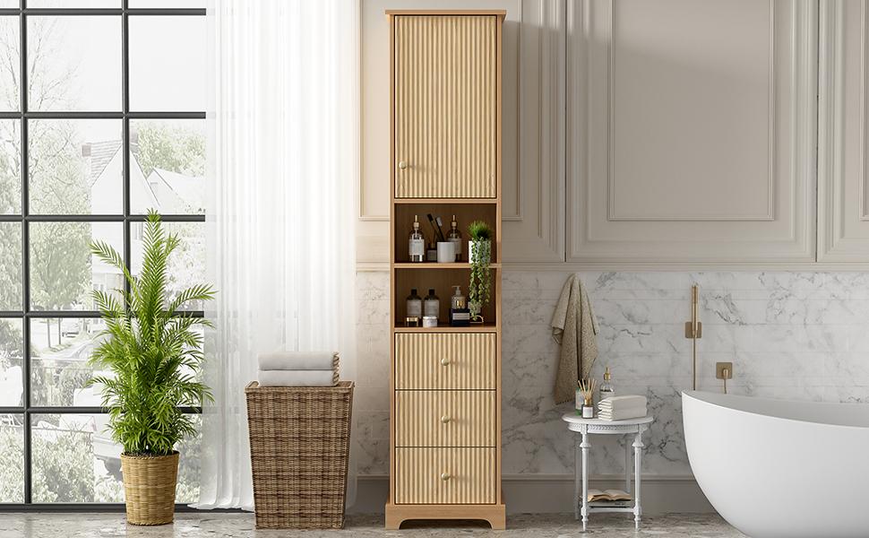 40x30x172cm Badezimmerschrank, PVC-Thermoformplatte, Vertikaler Streifen, Drei Schubladen, Ein Korpus, Zwei Offene Fächer, Verstellbare Einlegeböden, Natürliche Holzfarbe.