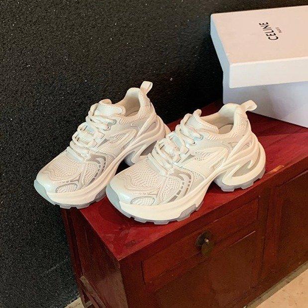 Grape Mother Same Style~ Leather Lightweight Sports Shoes Breathable Mesh Thick Sole Heightening Dad Shoes 2025 New Models