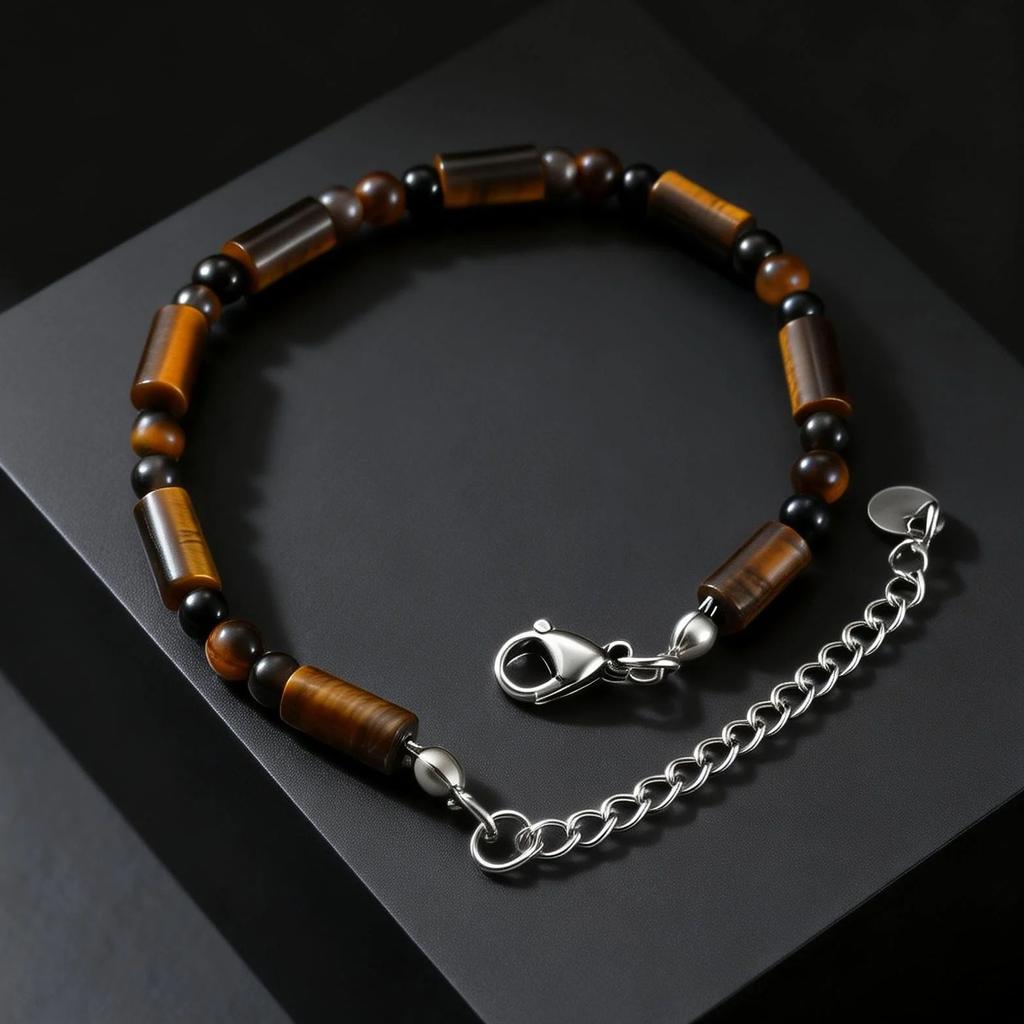 Fashion Classic Natural Stone Beaded Bracelet for Men, Adjustable Stainless Steel Chain Wristband, Agate Tiger Eye Jewelry Gift