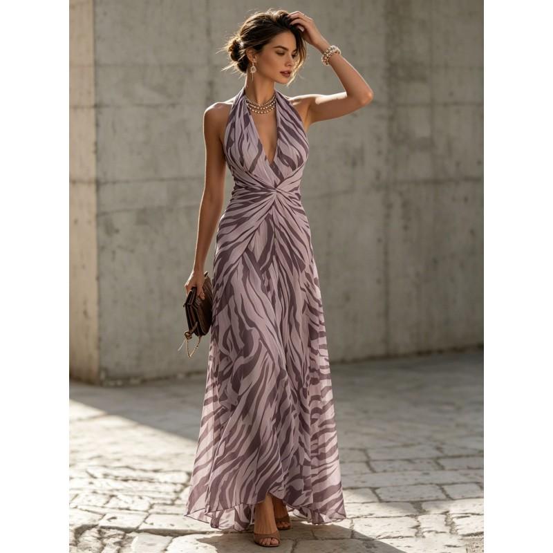 2026 French Vacation Style Halter Neck Pleated Long Dress Elegant Slim Fit Party Women