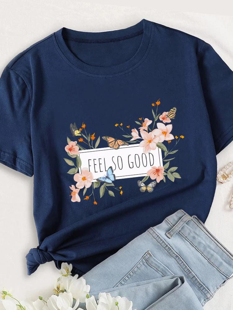 

Feel So Good Цветочный принт с бабочками Женская футболка с коротким рукавом и круглым вырезом Свободная женская футболка Женская футболка Топы Camisetas Mujer S темно-синий