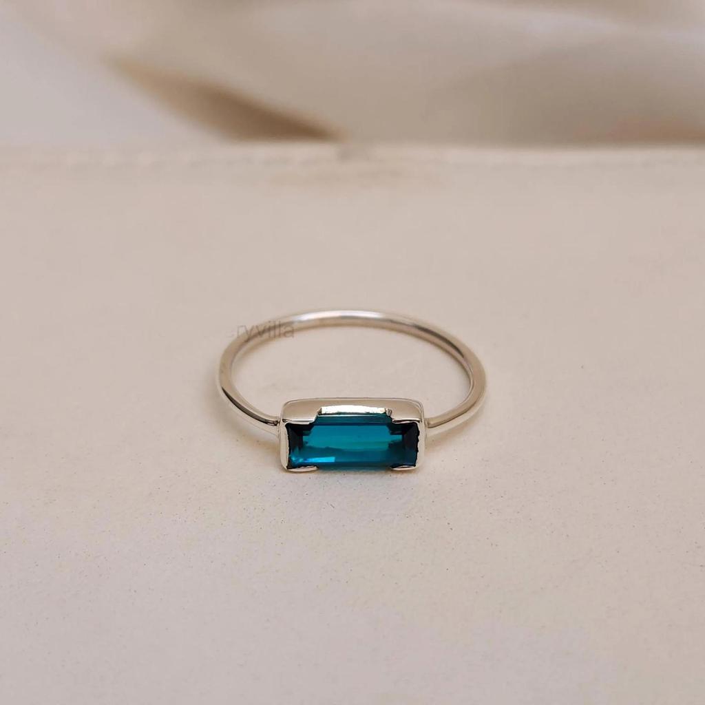 Baguette Neon Blue Tourmaline Minimalist 925 Sterling Silver Ring Jewelry, Blue Tourmaline Handmade Ring