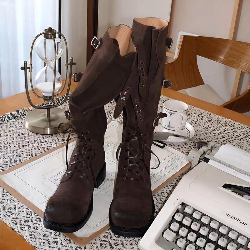 Cow fiber velvet boots women's autumn and winter straps high knight boots square head buckle but knee boots