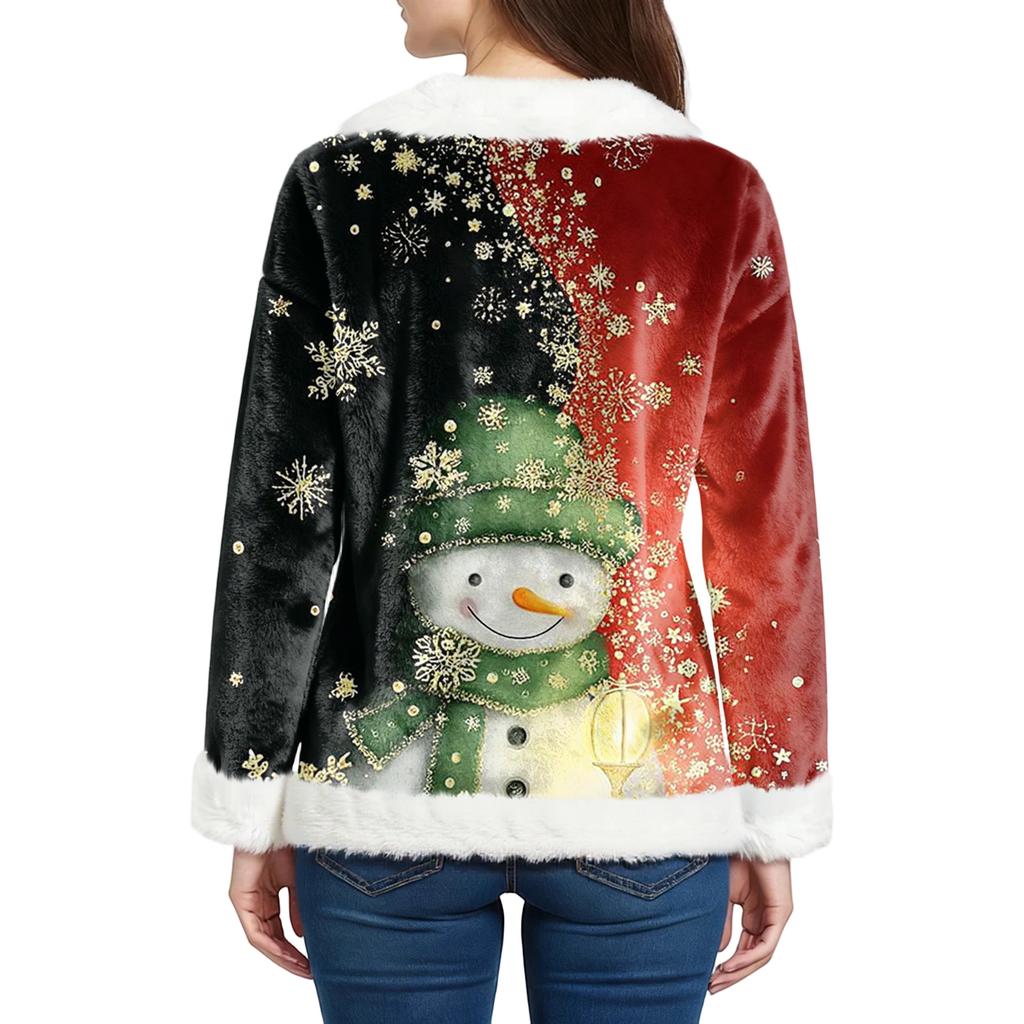 Dámský módní plyšový pulovr s výstřihem do V, tričko s dlouhým rukávem, vánoční potištěná mikina