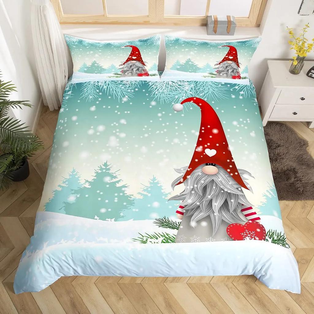 Jultomtar påslakan set Tomte Jul Täcktäckeset God Jul Sängkläder Vinter Snö Helg Påslakan