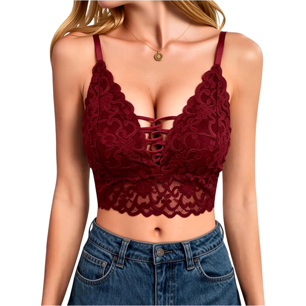 Lace Bralette Crop Top V Neck Adjustable Straps Unlined Wireless Bra Y2K Style Lace Camisole Tank Top