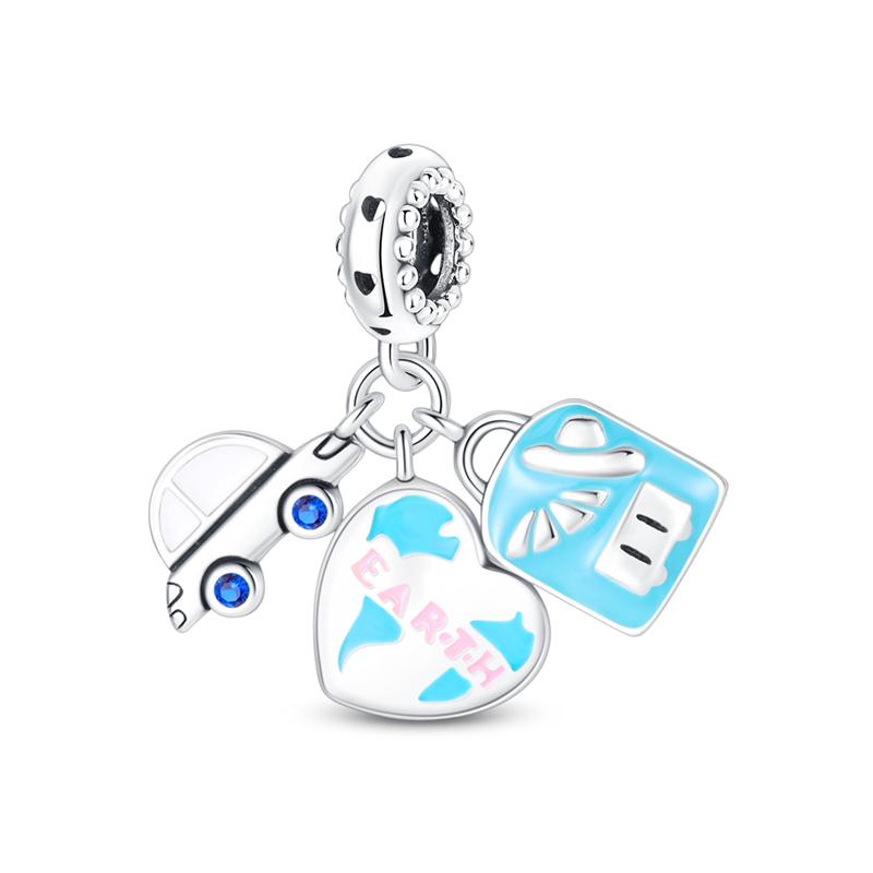 New 925 Silver Summer Suitcase Travel Airplane Camera Charms Pendant For Women Fit Bracelet DIY Jewelry Gifts