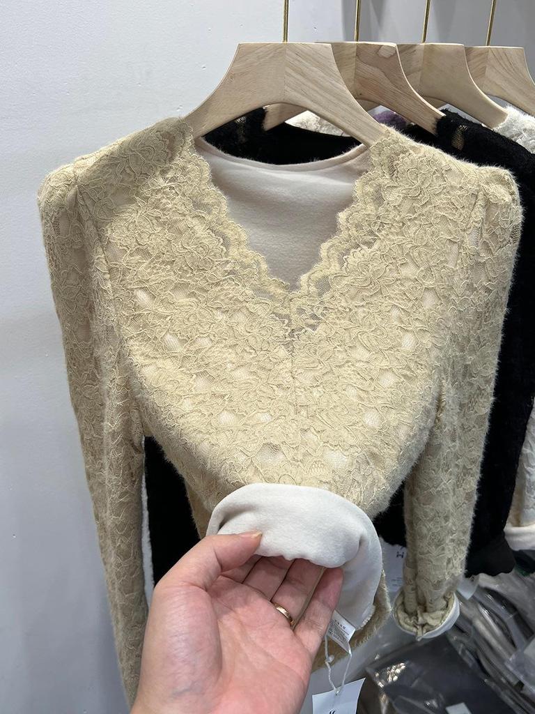 Women's V-Neck Lace Mesh Velvet Top - Long-Sleeve, Slim, Stylish for Autumn/Winter