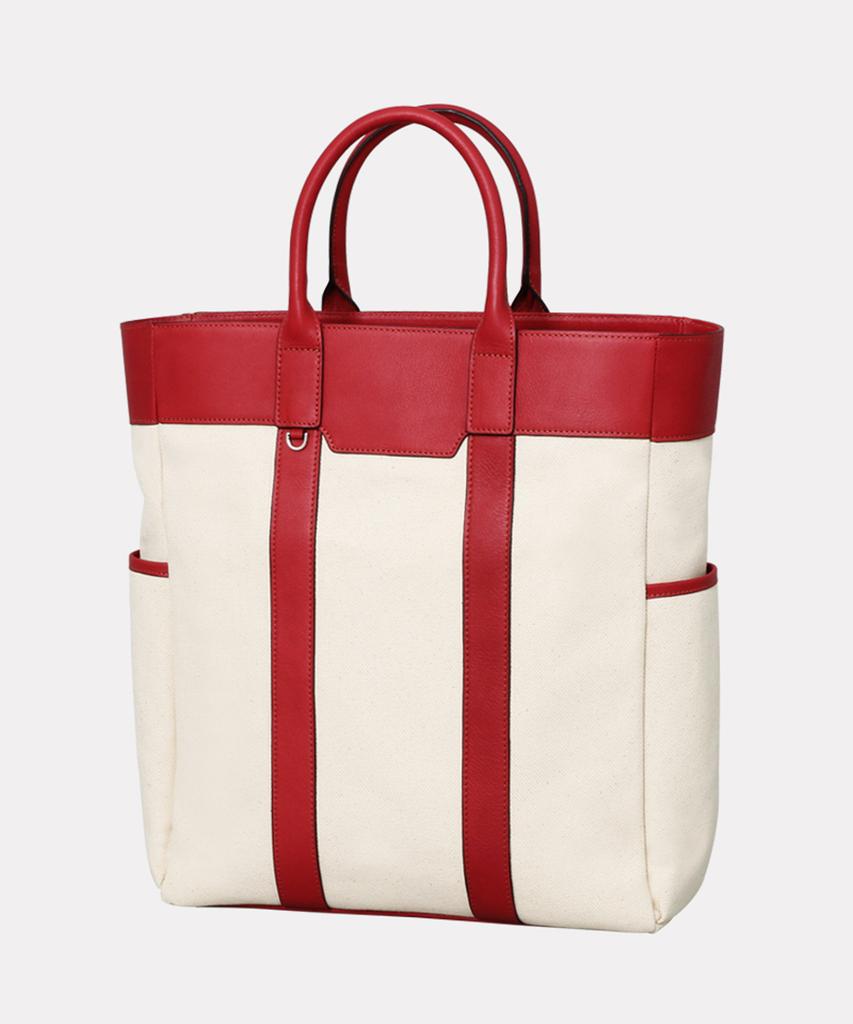 Matt Double Pocket Canvas Leather Tote Bag (Ivory + Red)