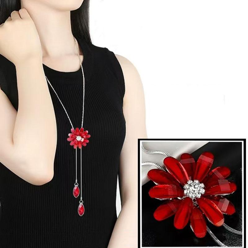 1PC Women's Fashion Metal Rhinestone Flower Rose Long Necklace Sweater Chain Accessories for Women Travel Party Jewelry Festival Gifts